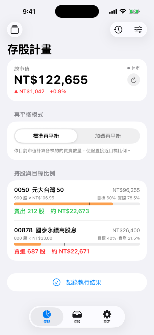標準再平衡畫面：依目前市值算出各標的要買或賣幾股